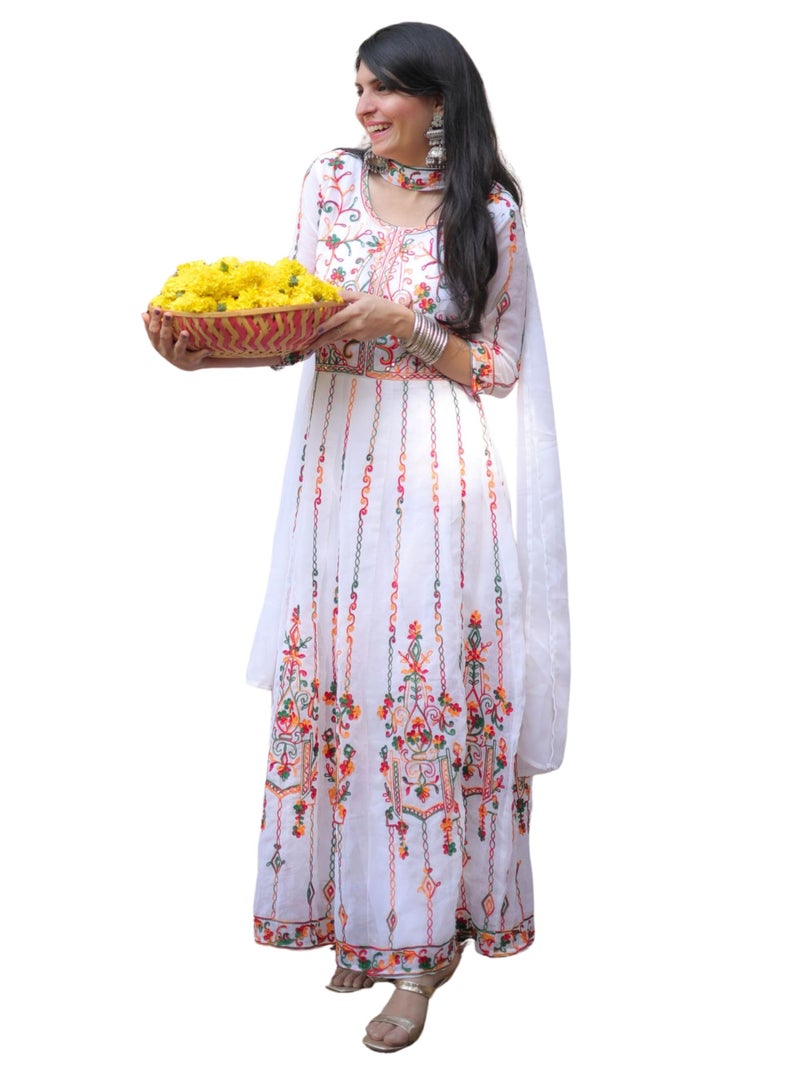 EthnicJunction Women's Georgette Embroidered Anarkali Kurta with Choker Dupatta Set White - Image 1