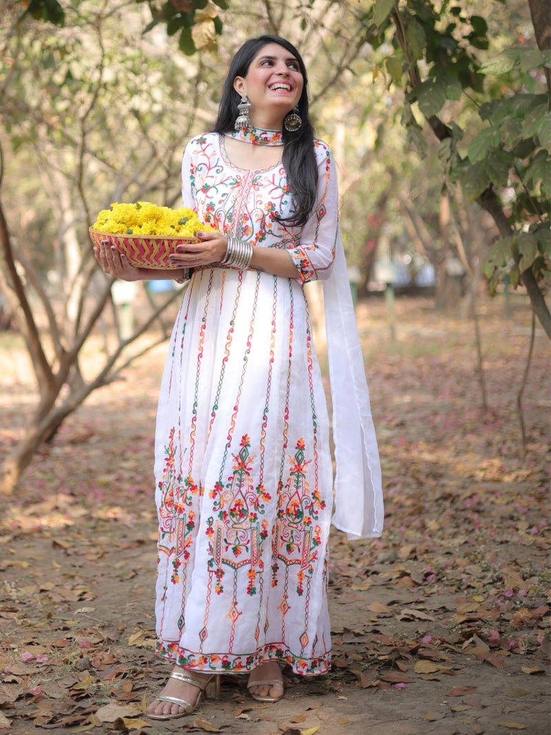 EthnicJunction Women's Georgette Embroidered Anarkali Kurta with Choker Dupatta Set White - Image 3