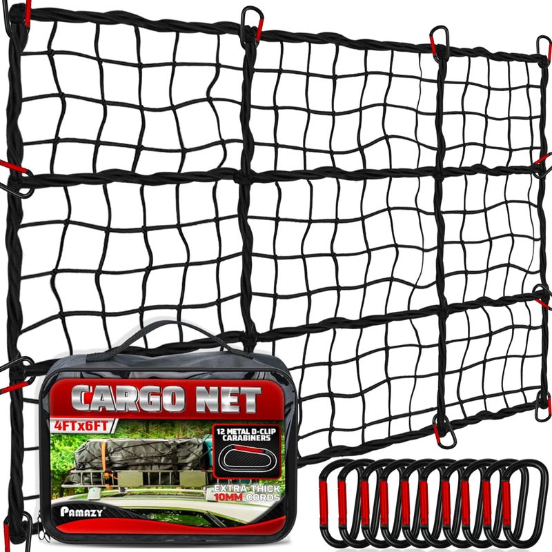 Premium 4x6 Heavy Duty Cargo Net Stretches to 8 x 12 Extra Thick 10mm Cord Bungee Cargo Netting for Pickup Truck Bed Roof Rack Net 12 PCS Steel Carabiners