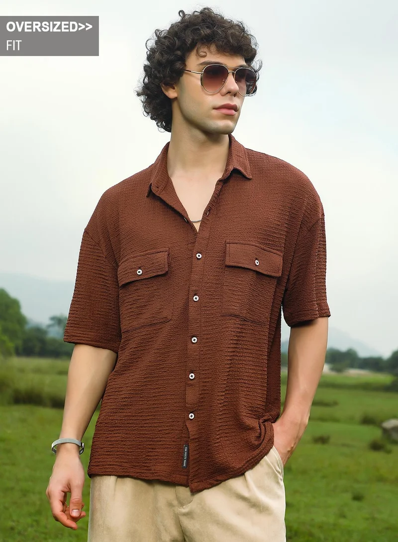 Campus Sutra Campus Sutra Men's Mocha Brown Tactile-Utility Oversized Shirt For Casual Wear | Spread Collar | Short Regular Sleeves | Button Closure | Oversized Shirt Crafted With Comfort Fit For Everyday Wear