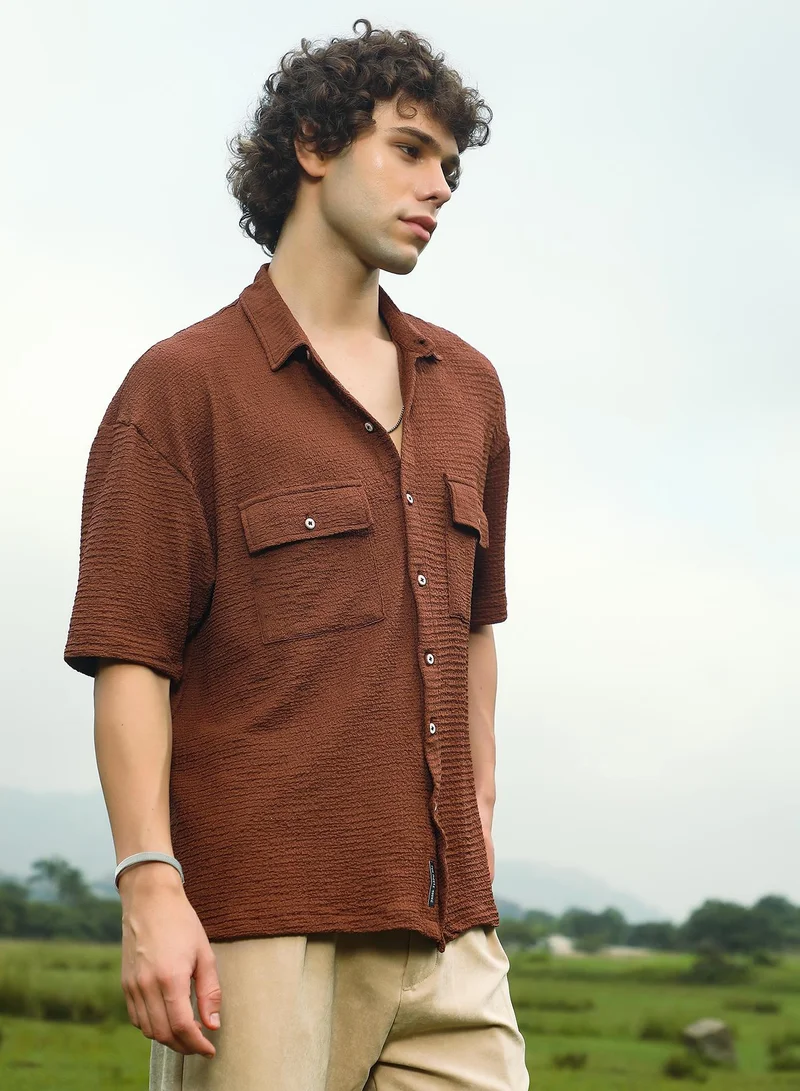كامبوس سوترا Men's Mocha Brown Tactile-Utility Oversized Shirt