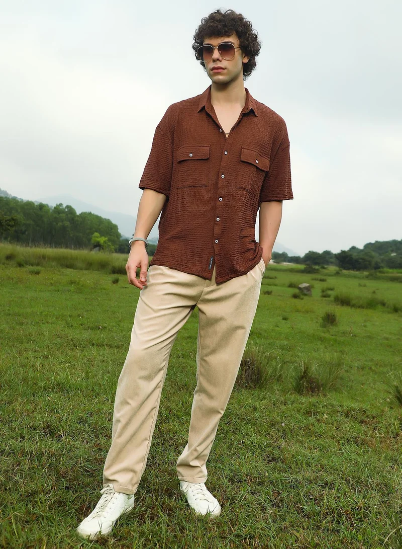 كامبوس سوترا Men's Mocha Brown Tactile-Utility Oversized Shirt