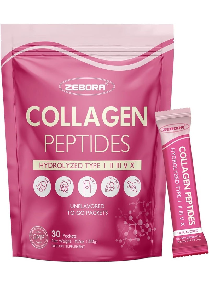 ZEBORA Multi Collagen Peptides Powder Packets with Hyaluronic Acid, Biotin, MCT - Hydrolyzed Collagen with 5 Billion Probiotics - Support Skin Hair Nail & Gut Health - 30 Stick Packs - Image 1