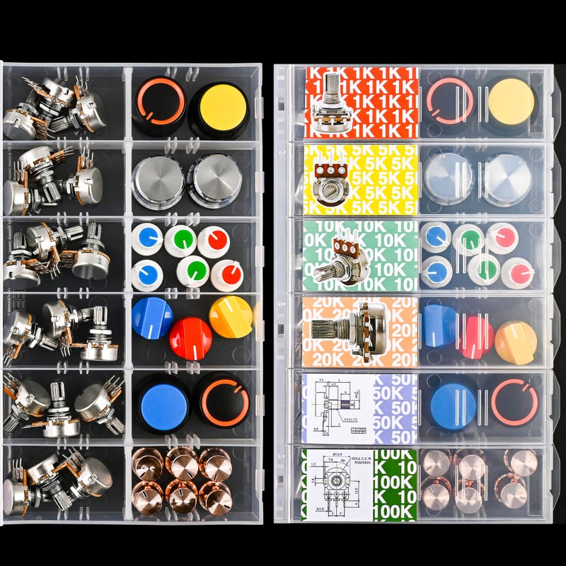 EEEEE 75pcs Potentiometer kit with Rotary knobs 1k 5k 10k 20k 50k 100k Guitar Pedal Potentiometer Assortment kit Potentiometer Linear Rotary (75pcs Potentiiometer with Knobs) - Image 3