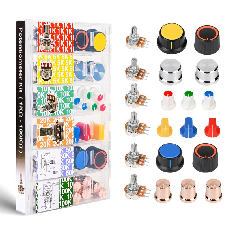 EEEEE 75pcs Potentiometer kit with Rotary knobs 1k 5k 10k 20k 50k 100k Guitar Pedal Potentiometer Assortment kit Potentiometer Linear Rotary (75pcs Potentiiometer with Knobs) - Image 1