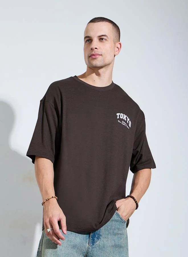 Styli Men Brown Oversized Graphic Crew Neck T-Shirt