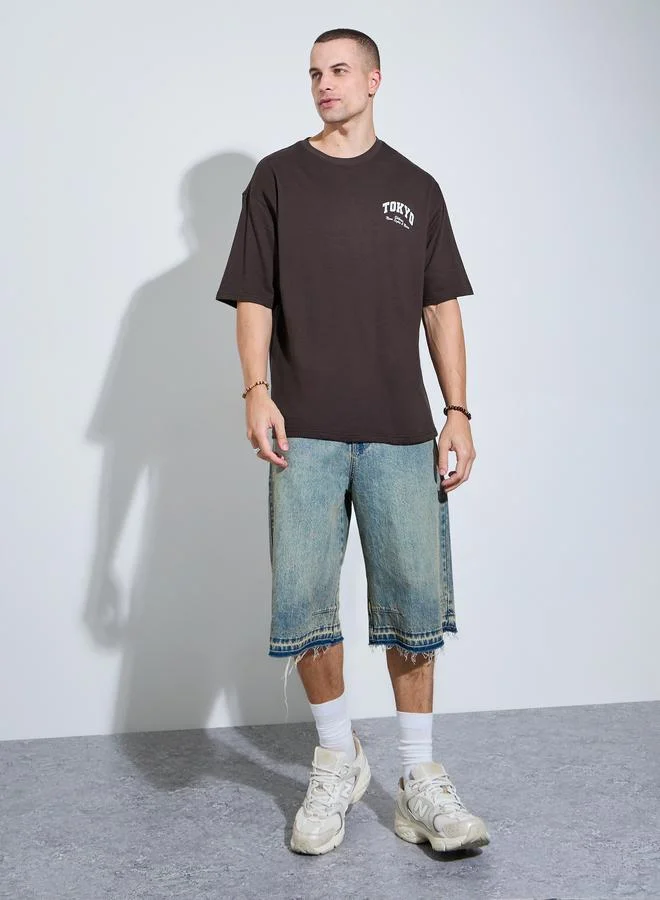 Styli Men Brown Oversized Graphic Crew Neck T-Shirt