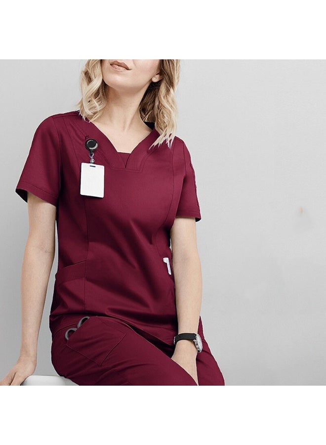 Loquat Womens Medical Scrubs Single Top Medical Uniform Single Printed Top Wine Red - Image 1