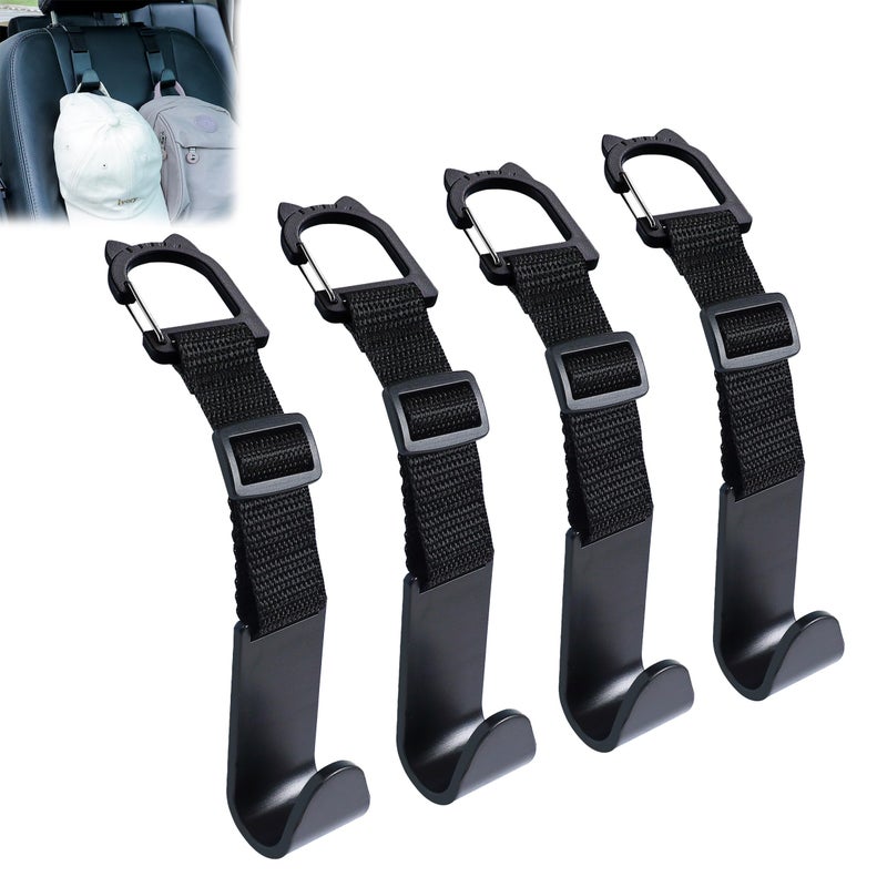 Amooca Car Headrest Hooks 4 Pack Adjustable Universal Fit Auto Seat Back Organizer Storage Hanger Purse Bags Holder with Clip Black - Image 1