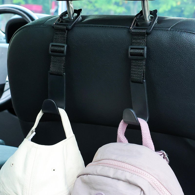 Amooca Car Headrest Hooks 4 Pack Adjustable Universal Fit Auto Seat Back Organizer Storage Hanger Purse Bags Holder with Clip Black - Image 2