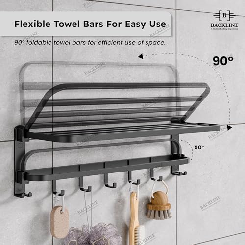 B BACKLINE Backline Aluminium Folding Towel Rack with Swivel Towel Rod | Wall Mounted 90° Foldable Towel Holder with 9 Hooks and Hanger | Space Saving Bathroom Accessories (24 Inch) (Black Matt) - Image 4