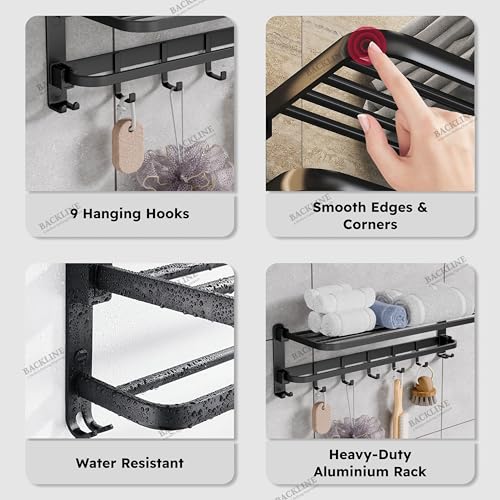 B BACKLINE Backline Aluminium Folding Towel Rack with Swivel Towel Rod | Wall Mounted 90° Foldable Towel Holder with 9 Hooks and Hanger | Space Saving Bathroom Accessories (24 Inch) (Black Matt) - Image 5