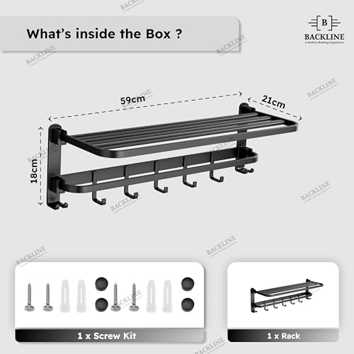 B BACKLINE Backline Aluminium Folding Towel Rack with Swivel Towel Rod | Wall Mounted 90° Foldable Towel Holder with 9 Hooks and Hanger | Space Saving Bathroom Accessories (24 Inch) (Black Matt) - Image 2