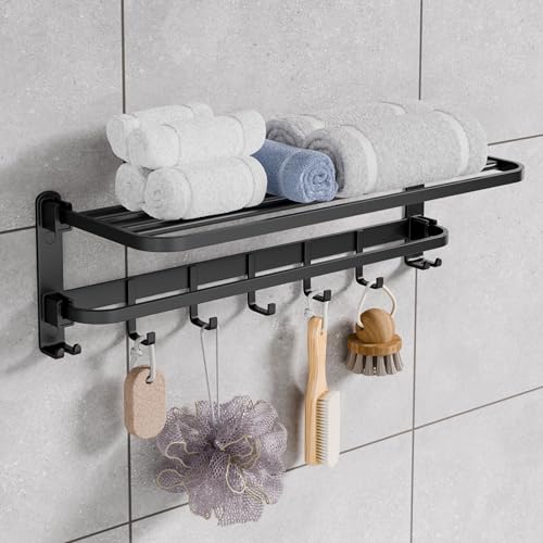 B BACKLINE Backline Aluminium Folding Towel Rack with Swivel Towel Rod | Wall Mounted 90° Foldable Towel Holder with 9 Hooks and Hanger | Space Saving Bathroom Accessories (24 Inch) (Black Matt) - Image 1
