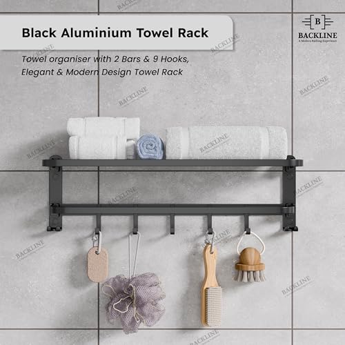 B BACKLINE Backline Aluminium Folding Towel Rack with Swivel Towel Rod | Wall Mounted 90° Foldable Towel Holder with 9 Hooks and Hanger | Space Saving Bathroom Accessories (24 Inch) (Black Matt) - Image 3