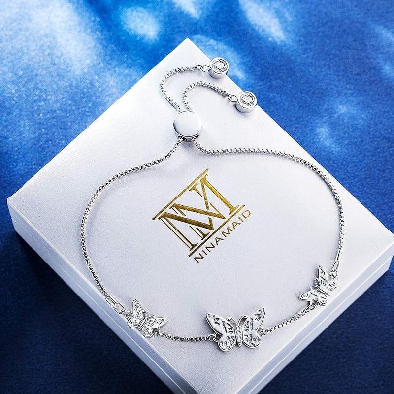 NINAMAID Silver Butterfly Charms Expandable Bolo Bracelet with Sparkling Cubic Zirconia Adjustable White Gold Plated Women Girl Jewelry Gift - Image 4