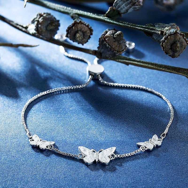 NINAMAID Silver Butterfly Charms Expandable Bolo Bracelet with Sparkling Cubic Zirconia Adjustable White Gold Plated Women Girl Jewelry Gift - Image 5