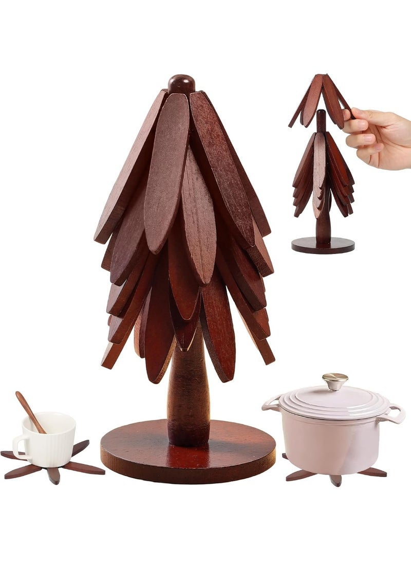 6 Pcs Wooden Tree Shaped Coasters Set with Stand, Foldable Coffee Cup Coasters and Heat Resistant Trivet for Hot Dishes, Natural Walnut Table Protector for Coffee Table, Kitchen, Dining Room, Living Room Decor, Housewarming Gift - Image 1