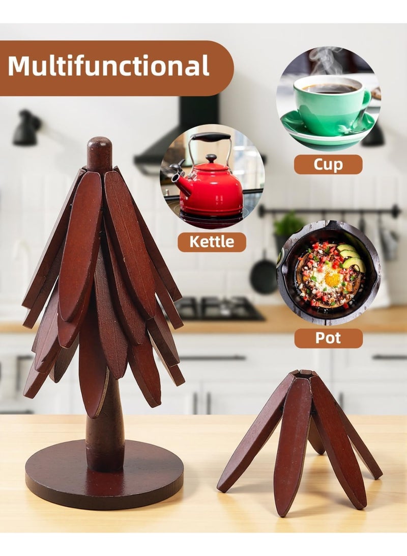 6 Pcs Wooden Tree Shaped Coasters Set with Stand, Foldable Coffee Cup Coasters and Heat Resistant Trivet for Hot Dishes, Natural Walnut Table Protector for Coffee Table, Kitchen, Dining Room, Living Room Decor, Housewarming Gift - Image 2