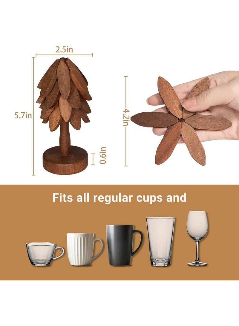 6 Pcs Wooden Tree Shaped Coasters Set with Stand, Foldable Coffee Cup Coasters and Heat Resistant Trivet for Hot Dishes, Natural Walnut Table Protector for Coffee Table, Kitchen, Dining Room, Living Room Decor, Housewarming Gift - Image 4