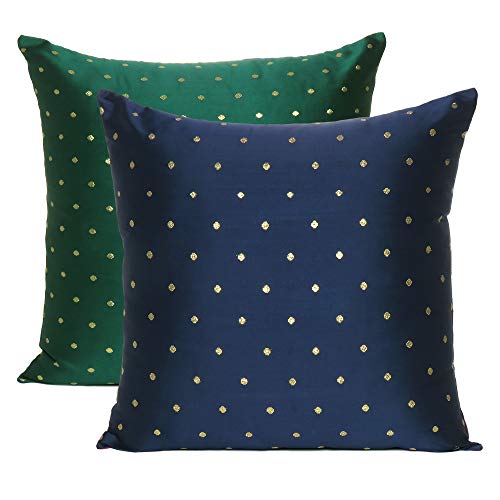 Oussum Throw Cushion Cover Art Silk Pillow Cover Polka Dot Cushion Case Reversible Square Pillow Case for Home Decor Set of 2 (Navy Blue & Green, 12 x 12) - Image 1