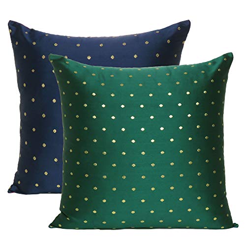 Oussum Throw Cushion Cover Art Silk Pillow Cover Polka Dot Cushion Case Reversible Square Pillow Case for Home Decor Set of 2 (Navy Blue & Green, 12 x 12) - Image 2