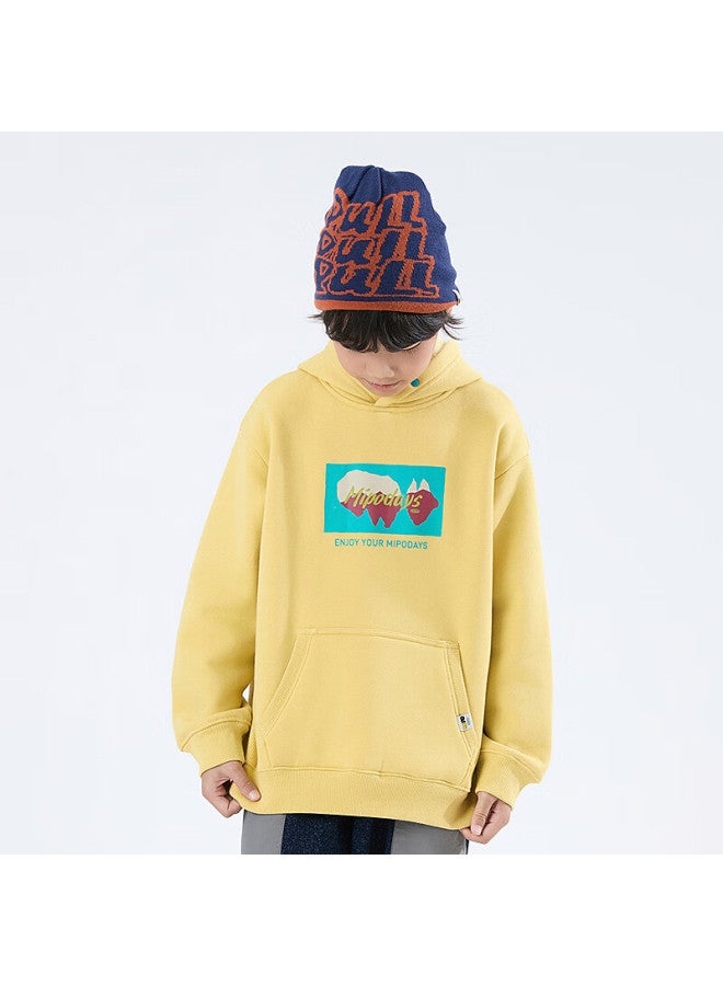 Mipo 25 Autumn Winter Kids Fleece Hoodie Solid Color Fun Print Hooded Sweatshirt Yellow 140cm - Image 3
