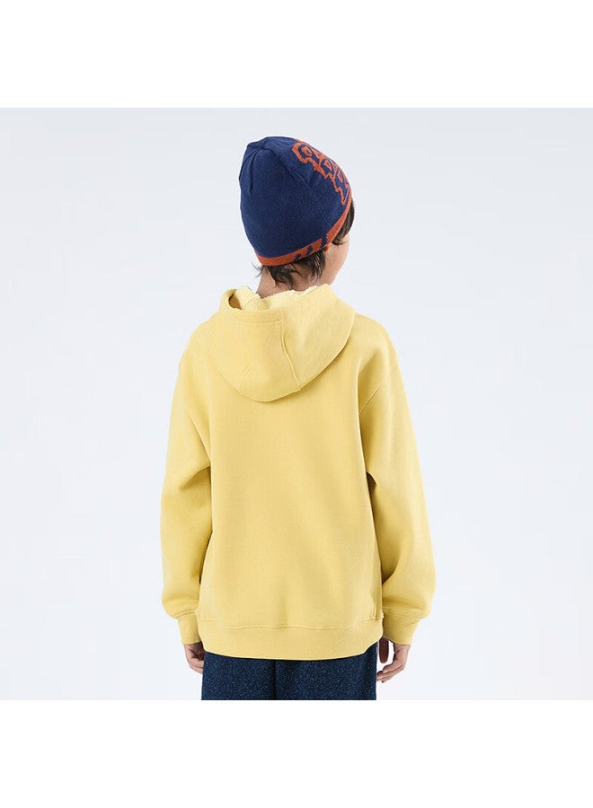 Mipo 25 Autumn Winter Kids Fleece Hoodie Solid Color Fun Print Hooded Sweatshirt Yellow 140cm - Image 4