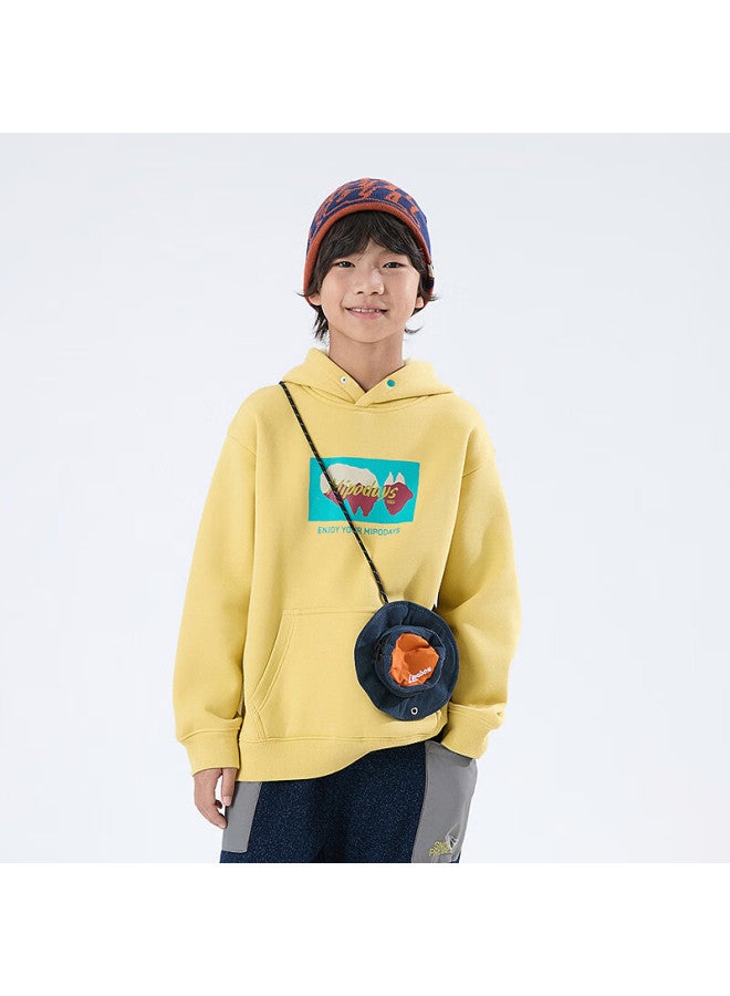 Mipo 25 Autumn Winter Kids Fleece Hoodie Solid Color Fun Print Hooded Sweatshirt Yellow 140cm - Image 1
