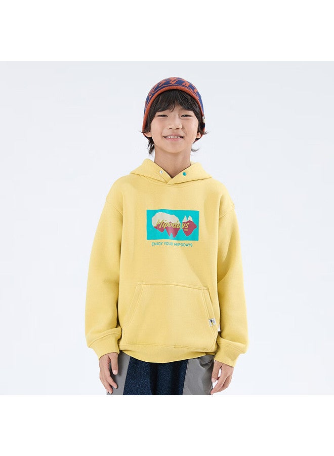 Mipo 25 Autumn Winter Kids Fleece Hoodie Solid Color Fun Print Hooded Sweatshirt Yellow 140cm - Image 2