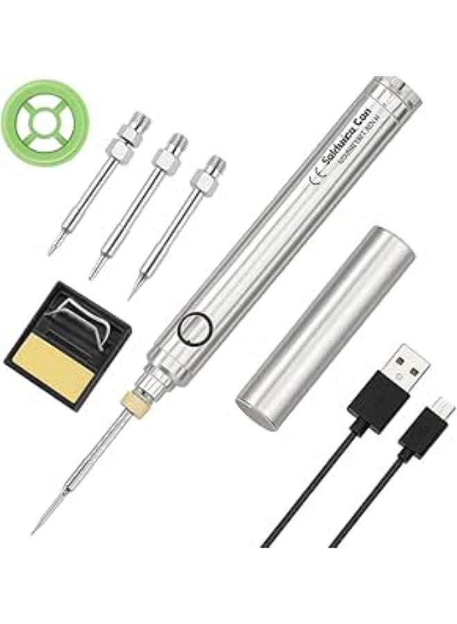 مجموعة مكواة لحام كهربائية لاسلكية بمنفذ USB  ومكواة لحام صغيرة 8 وات وواجهة شحن من النوع C ويمكن أن تستمر الشحنة الكاملة لمدة 30 دقيقة (فضي) - Image 1