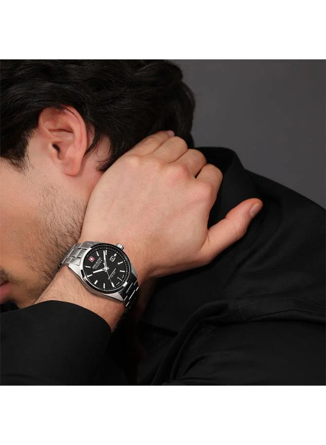 SWISS MILITARY HANOWA Pioneer 41mm Men's Watch with Black Dial & Stainless Steel Bracelet