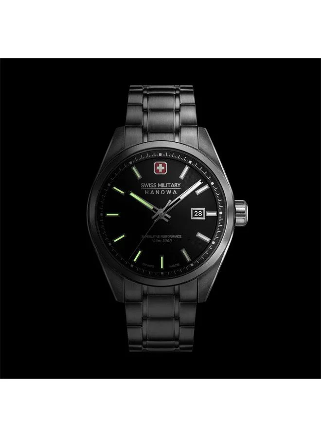 SWISS MILITARY HANOWA Pioneer 41mm Men's Watch with Black Dial & Stainless Steel Bracelet