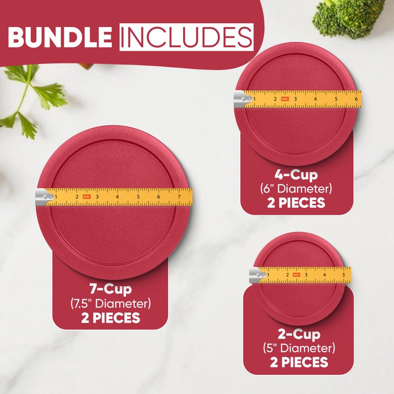MRX Solutions Replacement Lids for Pyrex Containers Round Glass Food Plastic (2) 2-Cup (2) 4-Cup (2) 7-Cup (Red) - Image 2