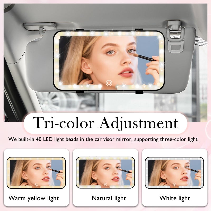 YGDMD Car Vanity Mirror with Lights & Rechargeable Design,Touchable LED Mirrors for Car Vanity with 3-color Light Adjustment Design,40 LED Beads Mirror for Cars Visor (Black) - Image 4