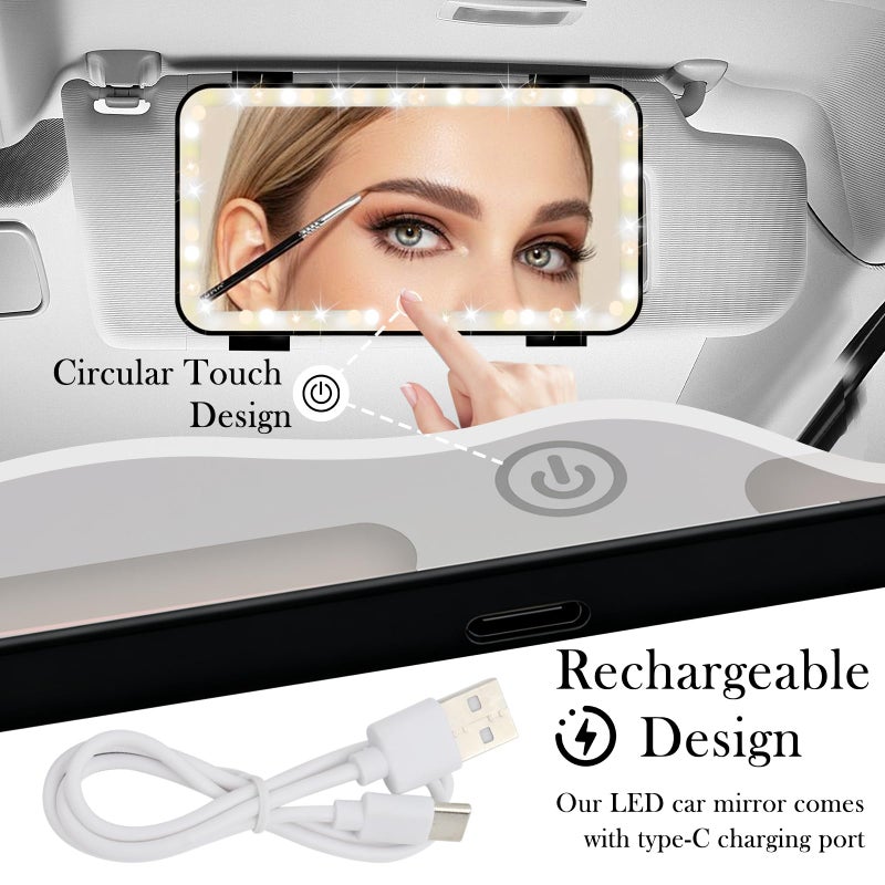 YGDMD Car Vanity Mirror with Lights & Rechargeable Design,Touchable LED Mirrors for Car Vanity with 3-color Light Adjustment Design,40 LED Beads Mirror for Cars Visor (Black) - Image 3