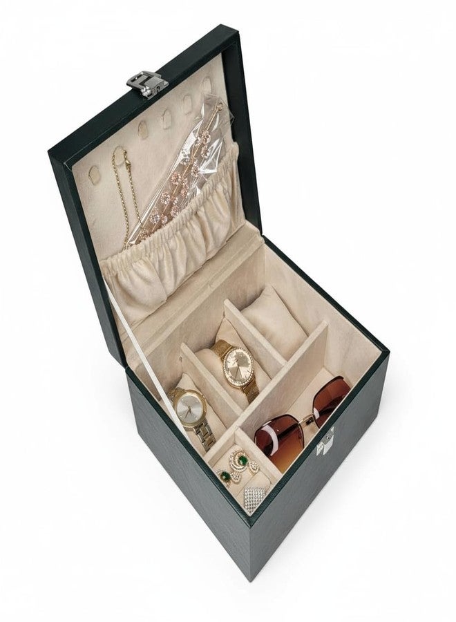 FONSIE Faux Leather Jewellery Organizer Box, Portable Storage Case with Dividers for Women’s Necklaces, Earrings, Rings, and Bracelets (Green). - Image 3