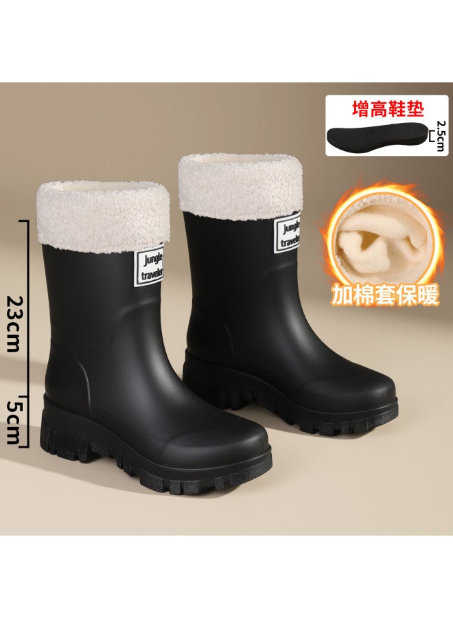 Outdoor Ultra-modern Mid-calf Fashionable Waterproof Drawstring Women's Rain Boots With Fleece Lining, Suitable For Rainforest , Non-slip, Warm, And Durable Rubber Shoes