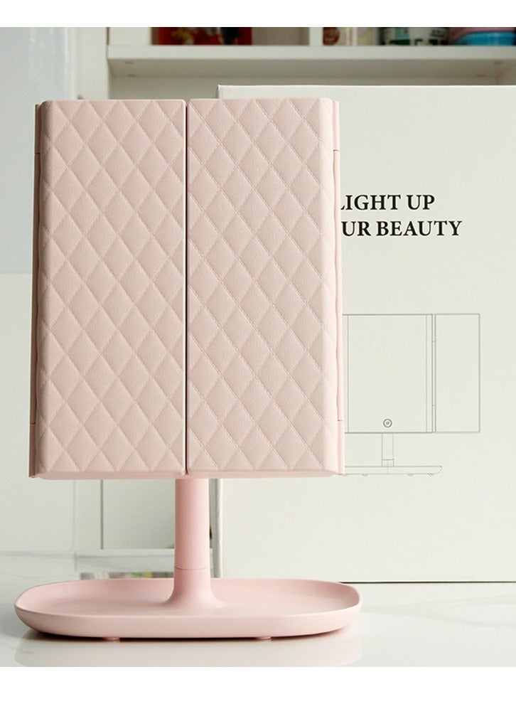 Arabest مرآة مكياج مع مصابيح LED، مصدرين للطاقة، مرآة مكياج ثلاثية الطي مثبتة على سطح الطاولة، تكبير 2X/3X/1X، مرآة مكياج LED محمولة، هدية للنساء، وردي - Image 1
