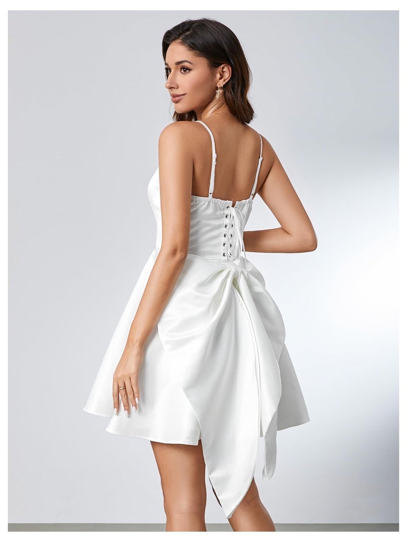 WDIRARA Women's Satin Bow Homecoming Dresses Spaghetti Strap Wedding Guest Gown Summer Mini Dress A White - Image 2