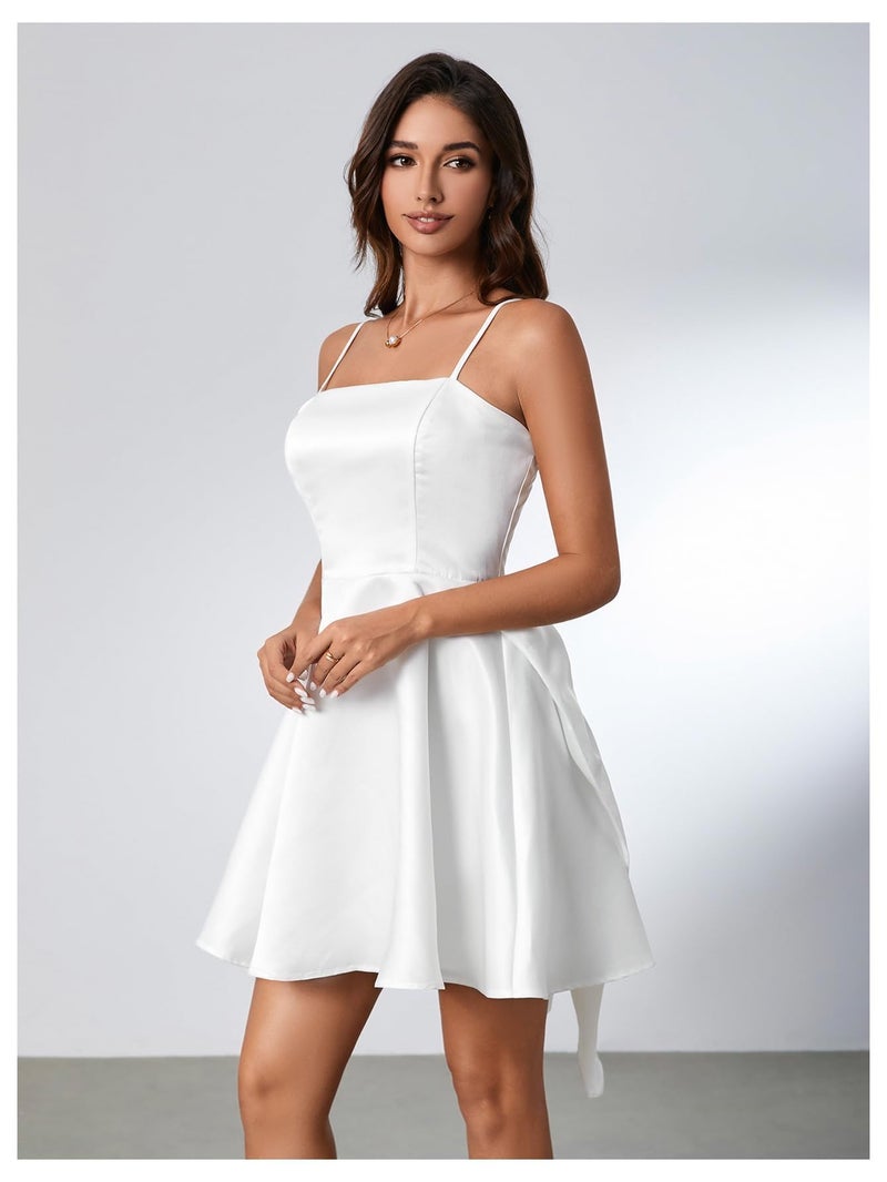 WDIRARA Women's Satin Bow Homecoming Dresses Spaghetti Strap Wedding Guest Gown Summer Mini Dress A White - Image 3