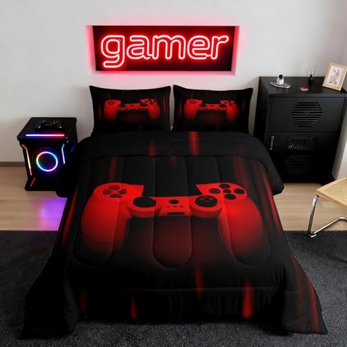 Feelyou Twin Comforter Set for Boys Gamer Bedding Set for Boys Kids Gaming Comforter Red Black Teen Child Gamer Room Decor Soft Game Geometric Duvet Quilted 1 Comforter with 1 Pillowcase Gamer Gifts - Image 1