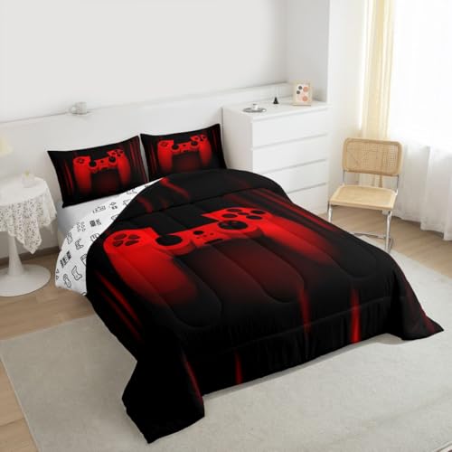 Feelyou Twin Comforter Set for Boys Gamer Bedding Set for Boys Kids Gaming Comforter Red Black Teen Child Gamer Room Decor Soft Game Geometric Duvet Quilted 1 Comforter with 1 Pillowcase Gamer Gifts - Image 3