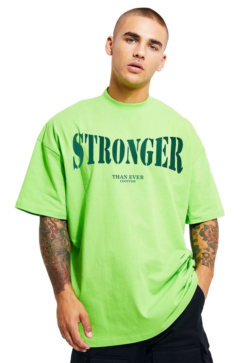 LEOTUDE Men's Oversized Cottonblend Round Neck Tshirt (FS49_NN_STRNR_P_Neon_Large) - Image 1