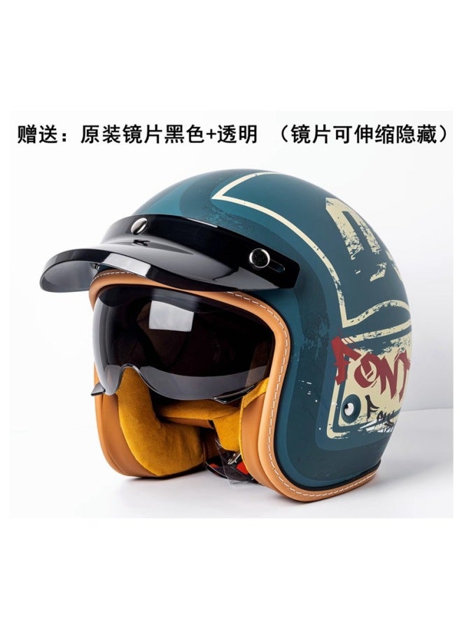 Retro 3/4 Motorcycle Helmet with Built-in Goggles and Brim, Matte Blue, Black and White Visors