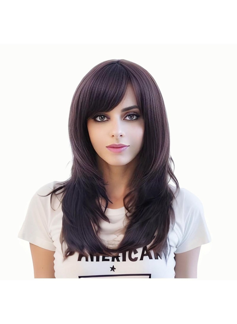 Rugelyss - Rugelyss Dark Brown Long Wavy Wig with BangChocolate Layered Synthetic Hair Wigs for Women with Side Parting - Image 1