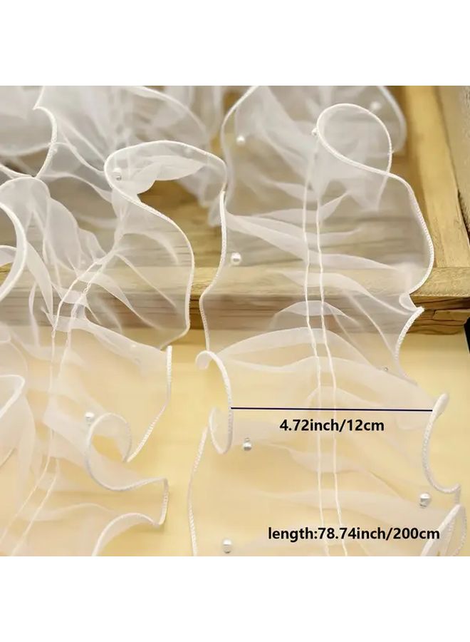 1 Roll 78 74 Inch Haze Blue Dense Pleated Beaded Snow Yarn Lace Ribbon Floral Packaging Bouquet Ribbon Shiny Pearl Wave Gauze - Image 2