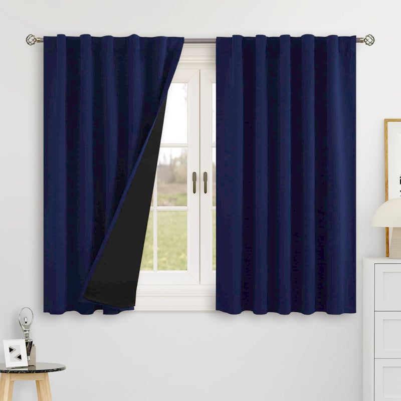 BGment Bgress Navy Blue 100 ٪ تعتيم الستائر 48 بوصة لجيب قضيب النافذة الصغيرة وعلامة التبويب الخلفية طبقة مزدوجة السود - Image 1