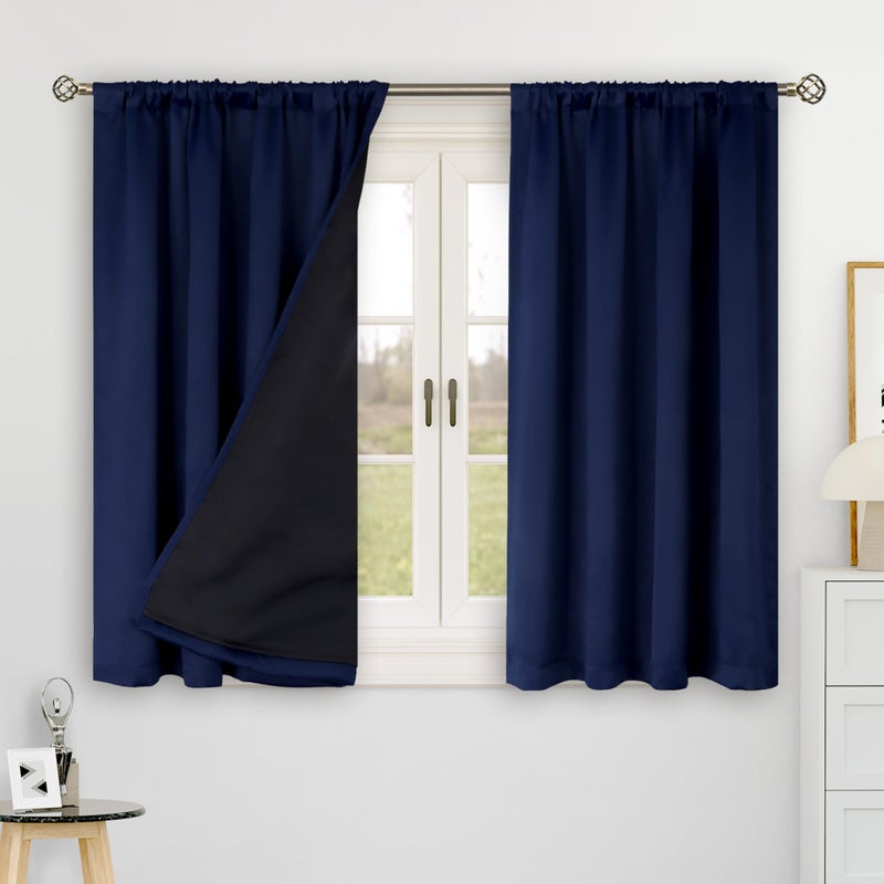 BGment Bgress Navy Blue 100 ٪ تعتيم الستائر 48 بوصة لجيب قضيب النافذة الصغيرة وعلامة التبويب الخلفية طبقة مزدوجة السود - Image 2