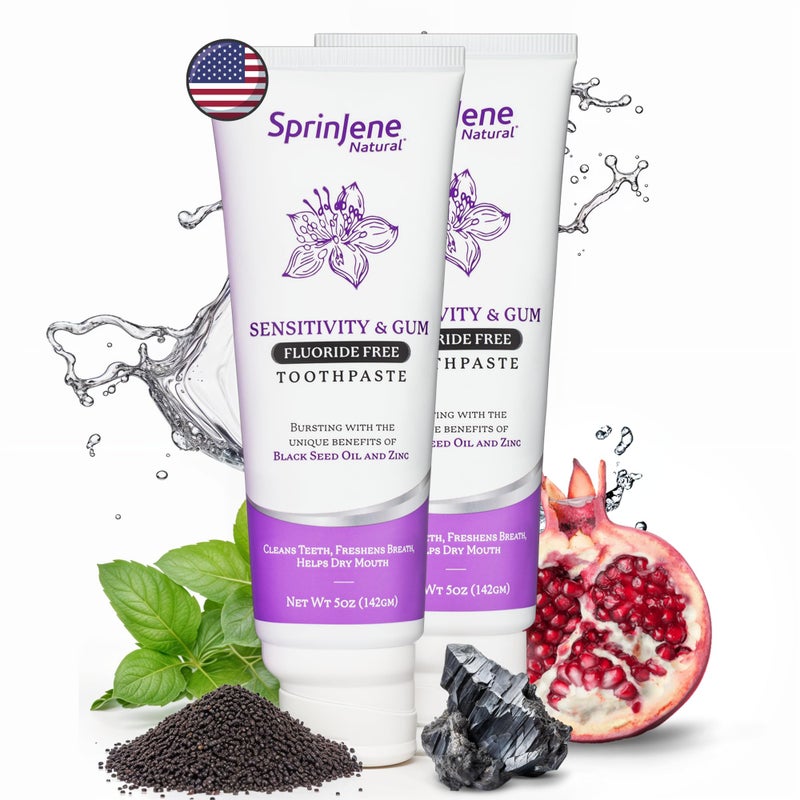 SprinJene معجون أسنان سبريجن الطبيعي للحساسية خالي من الفلورايد لأسنان قوية ولثة طبيعية لتهدئة الفم الجاف وإنعاش النفس عبوة 2